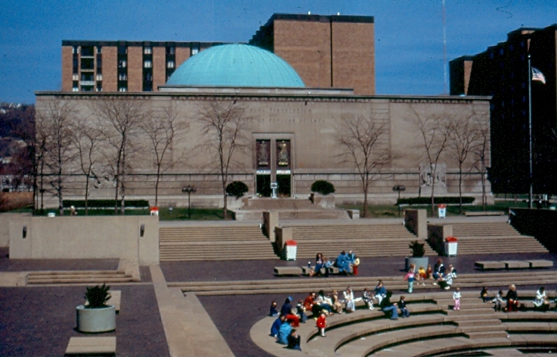 The American flag flies proudly on the historic flag pole at Pittsburgh's original Buhl Planetarium and Institute of Popular Science in the early 1980s.