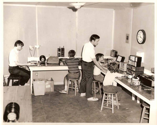 Photo of new 1973 radio studio of camper-operated AM radio station, WLCR.